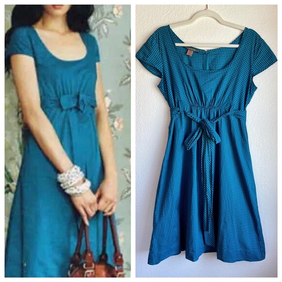 Orla Kiely Dresses & Skirts - Orla Kiely Women's Grid Dot Cap Sleeve A-Line Belted Bow Dress in Blue & Teal 8